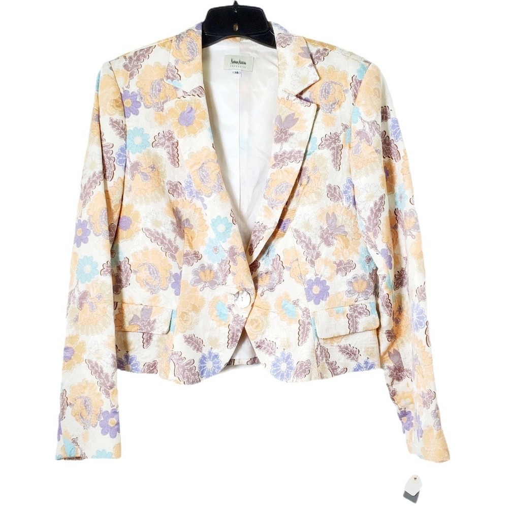 Neiman Marcus Cream & Peach Floral Silk & Cotton Cropped Vintage Blazer Size 14 - Picture 1 of 11